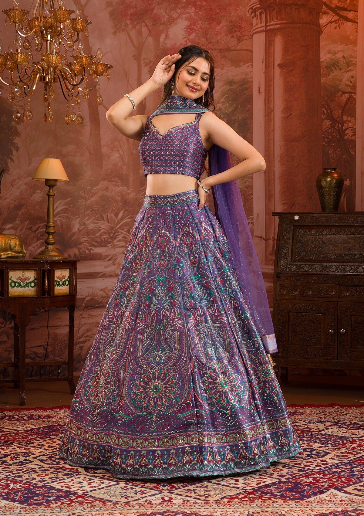 Purple Printed Semi Crepe Readymade Lehenga-Koskii