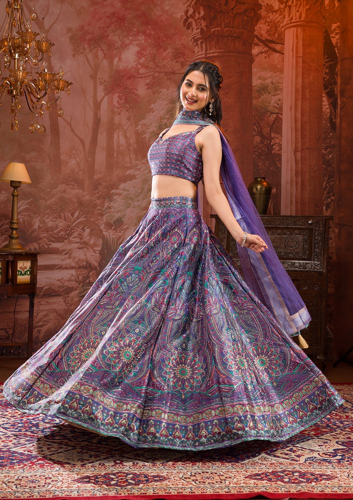 Purple Printed Semi Crepe Readymade Lehenga-Koskii