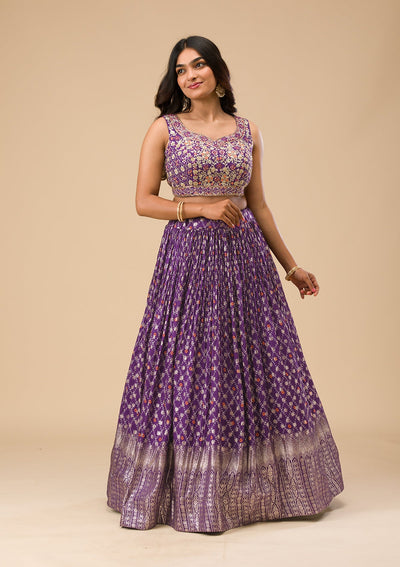 Purple Printed Semi Crepe Readymade Lehenga-Koskii