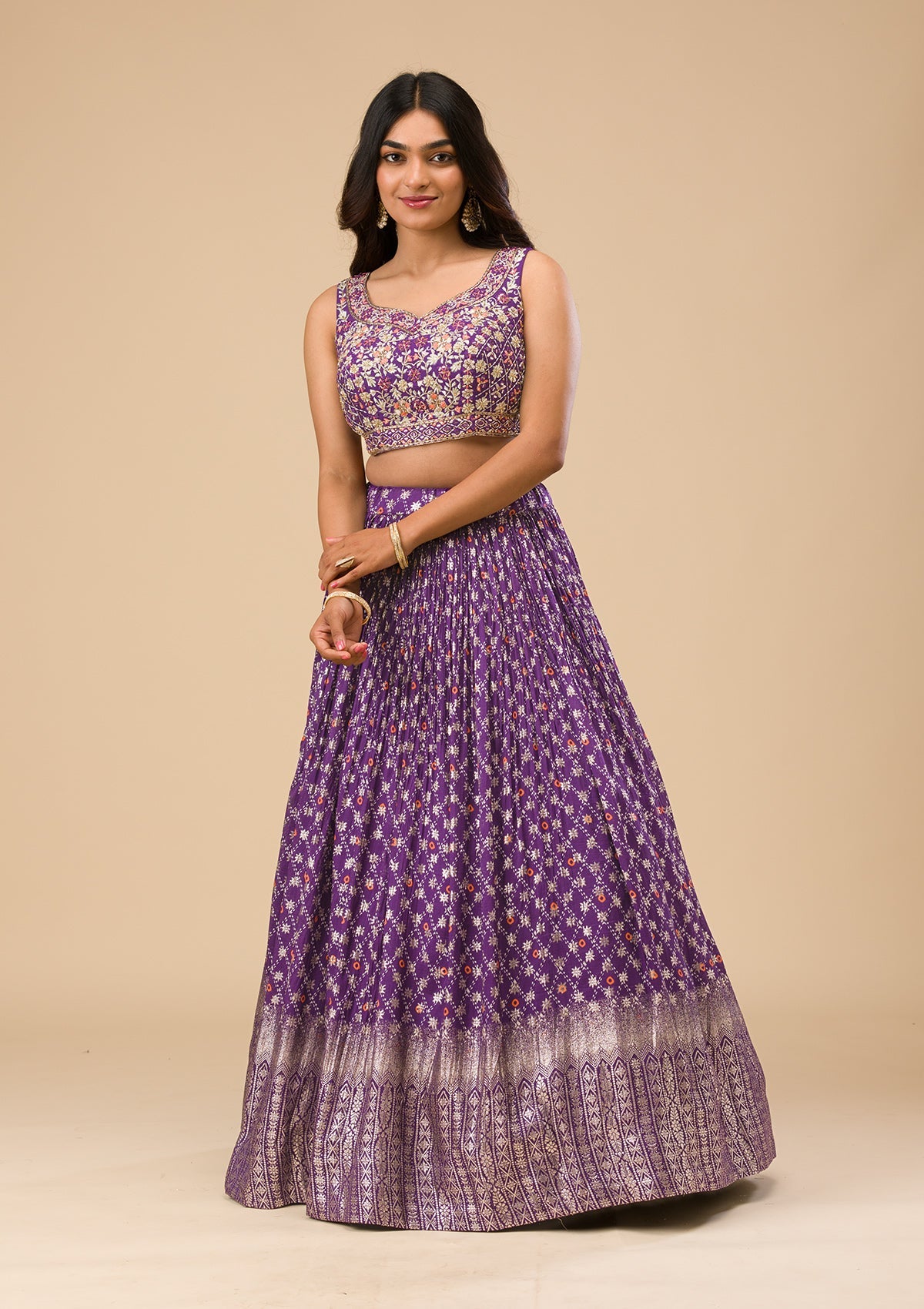 Purple Printed Semi Crepe Readymade Lehenga-Koskii