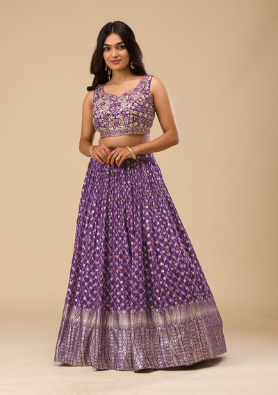 Purple Printed Semi Crepe Readymade Lehenga-Koskii