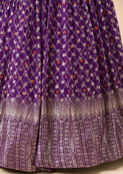 Purple Printed Semi Crepe Readymade Lehenga-Koskii