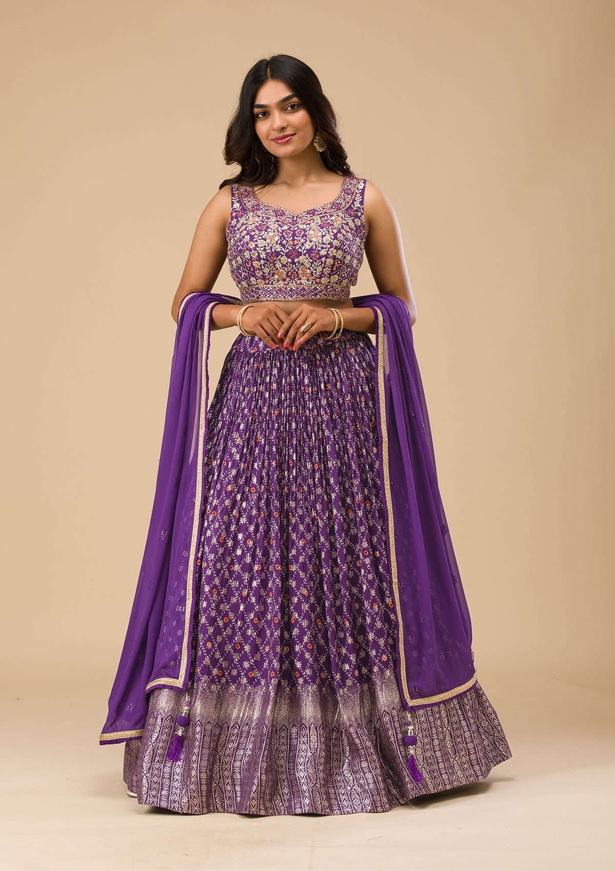 Purple Printed Semi Crepe Readymade Lehenga-Koskii