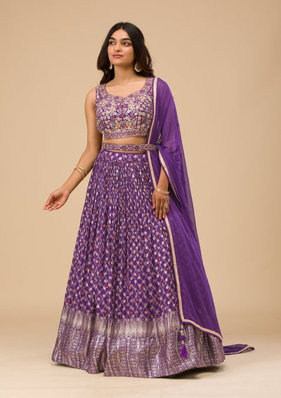 Purple Printed Semi Crepe Readymade Lehenga-Koskii