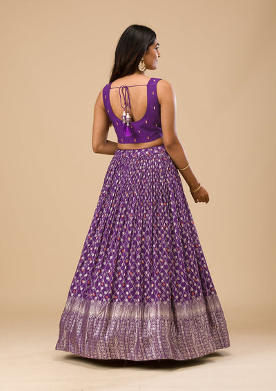 Purple Printed Semi Crepe Readymade Lehenga-Koskii