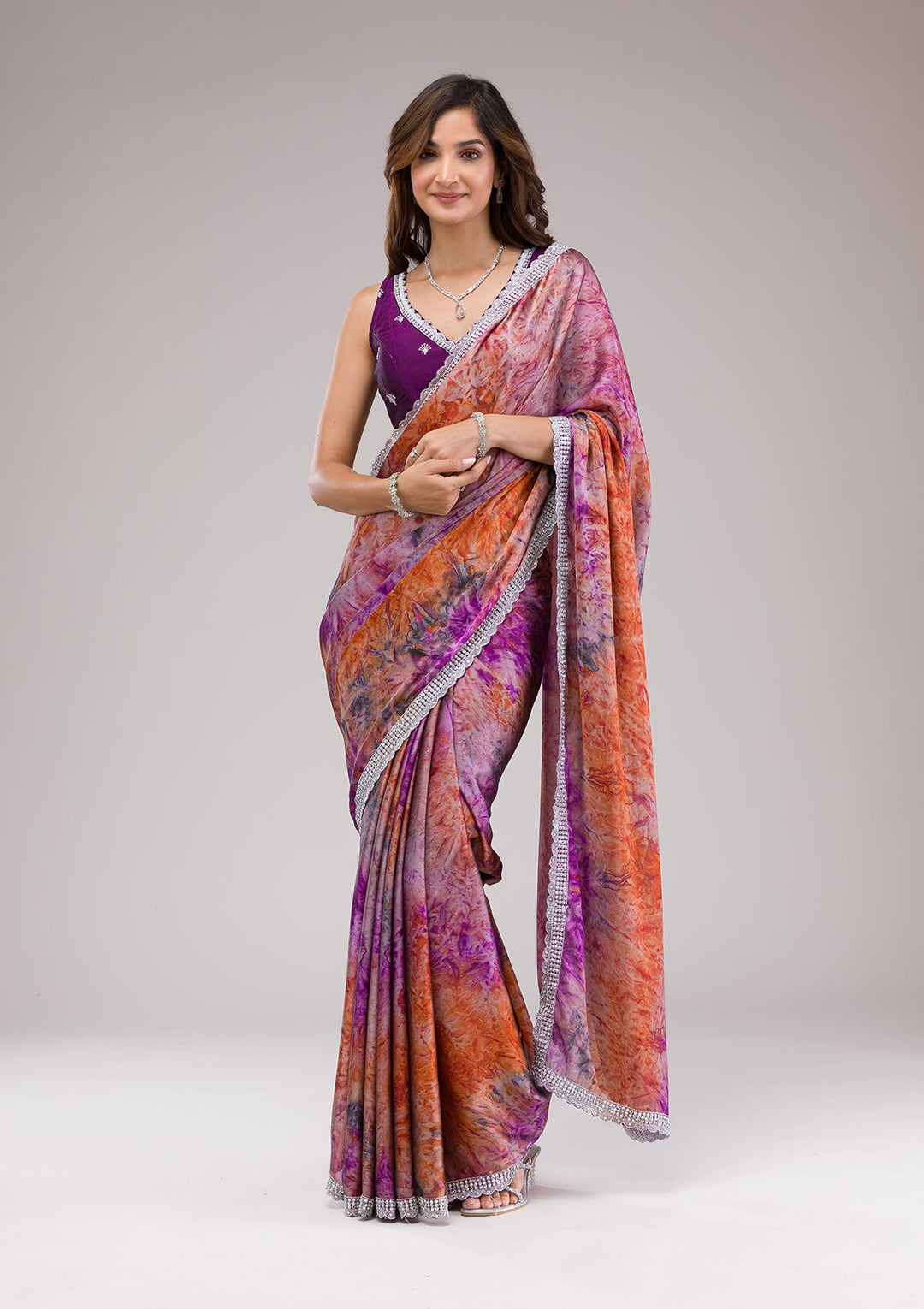 Purple Printed Semi Crepe Saree-Koskii