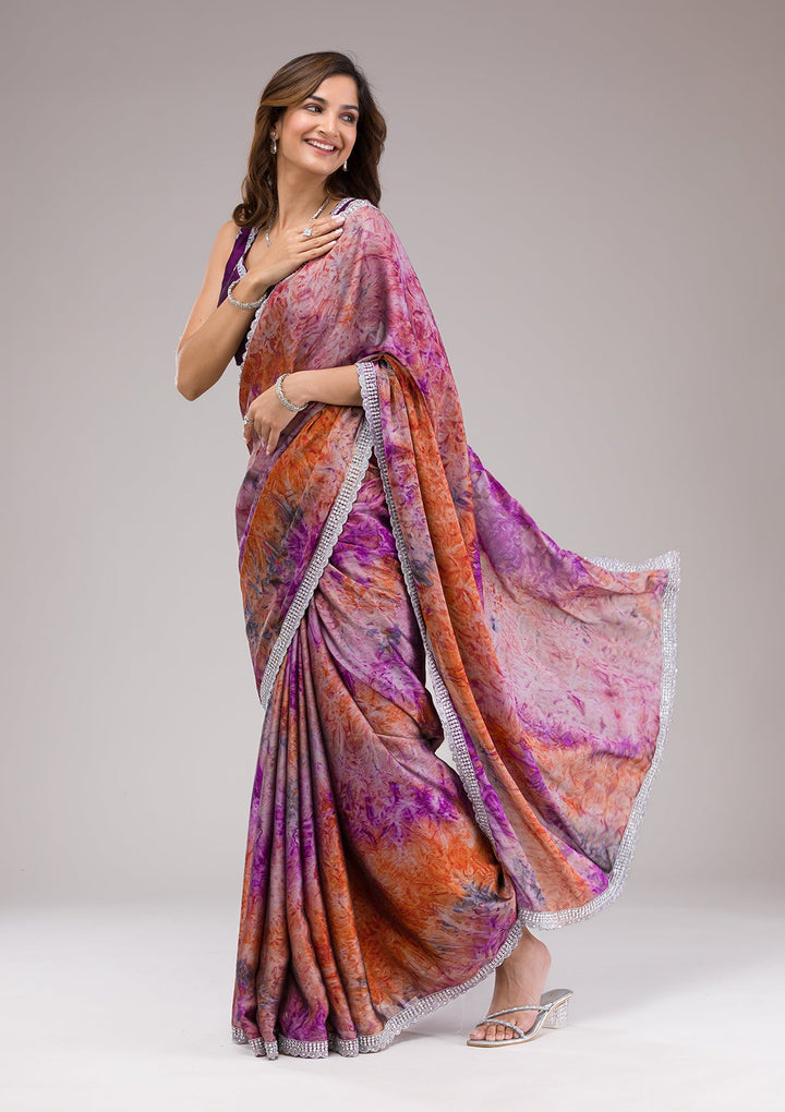 Purple Printed Semi Crepe Saree-Koskii