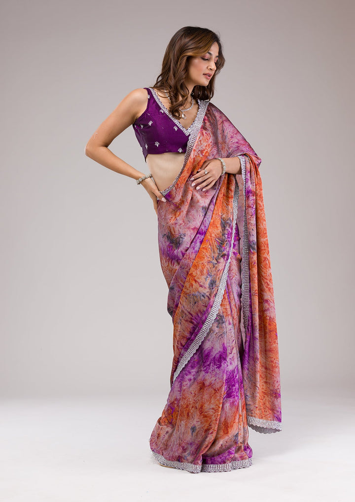 Purple Printed Semi Crepe Saree-Koskii