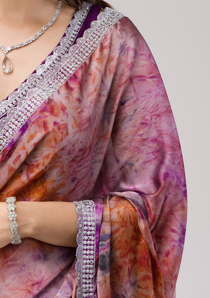Purple Printed Semi Crepe Saree-Koskii