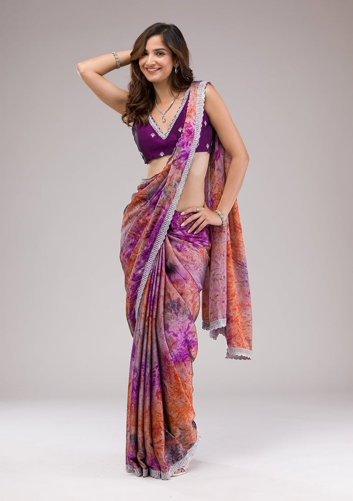 Purple Printed Semi Crepe Saree-Koskii