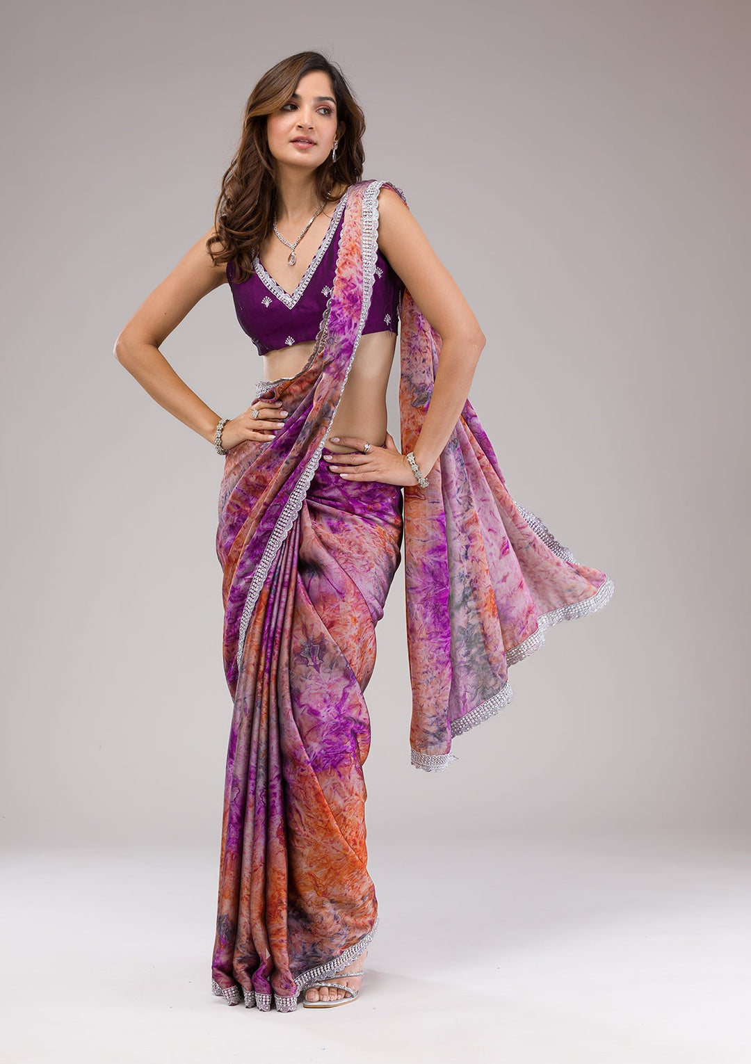 Purple Printed Semi Crepe Saree-Koskii