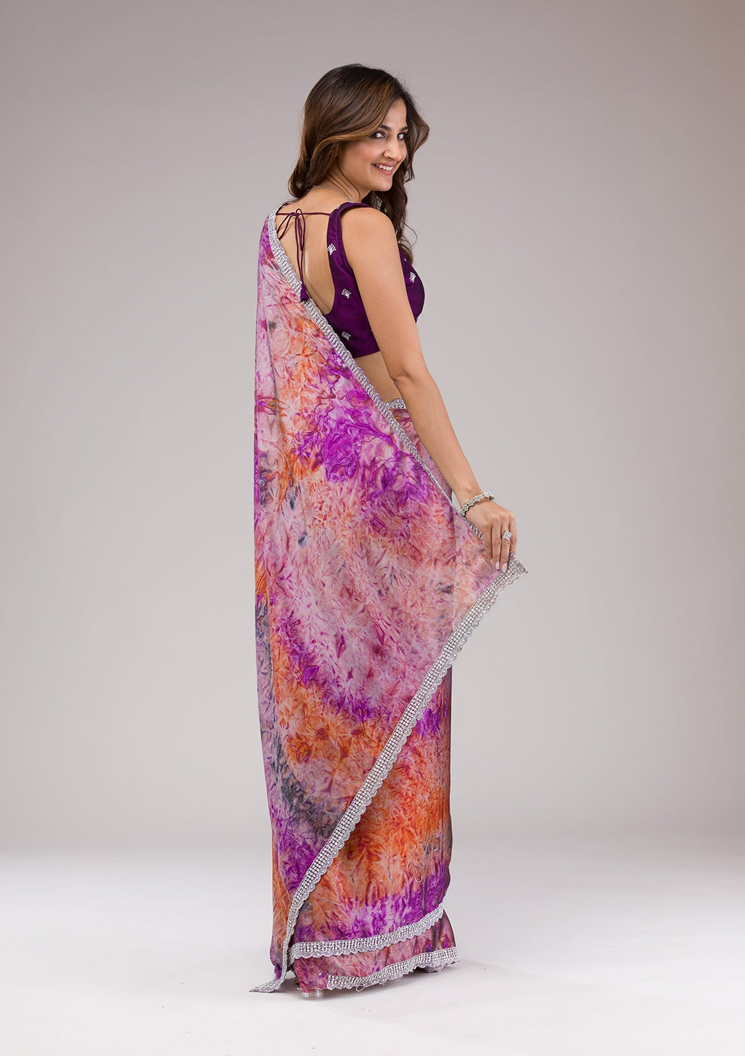Purple Printed Semi Crepe Saree-Koskii