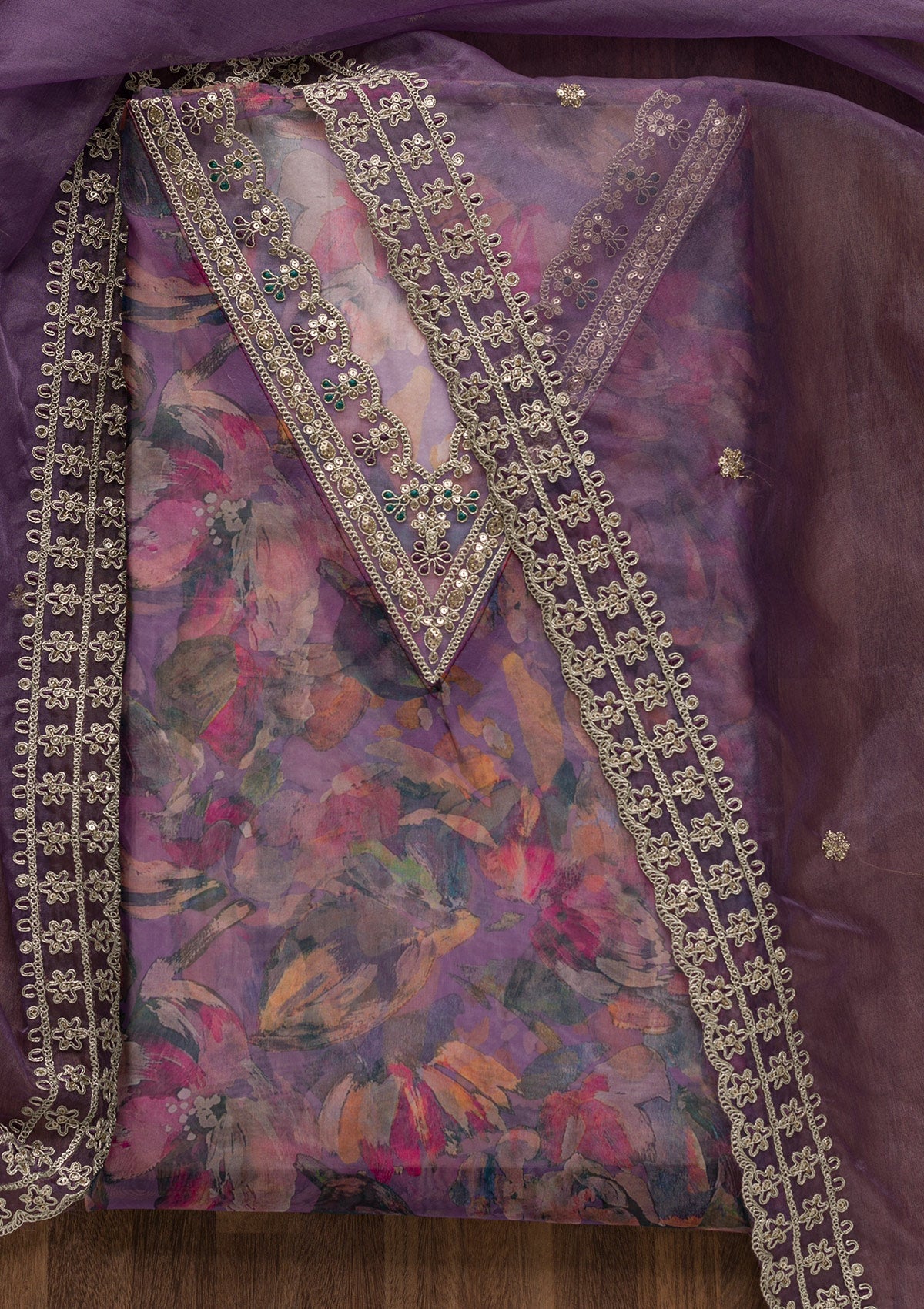 Purple Printed Tissue Unstitched Salwar Suit-Koskii