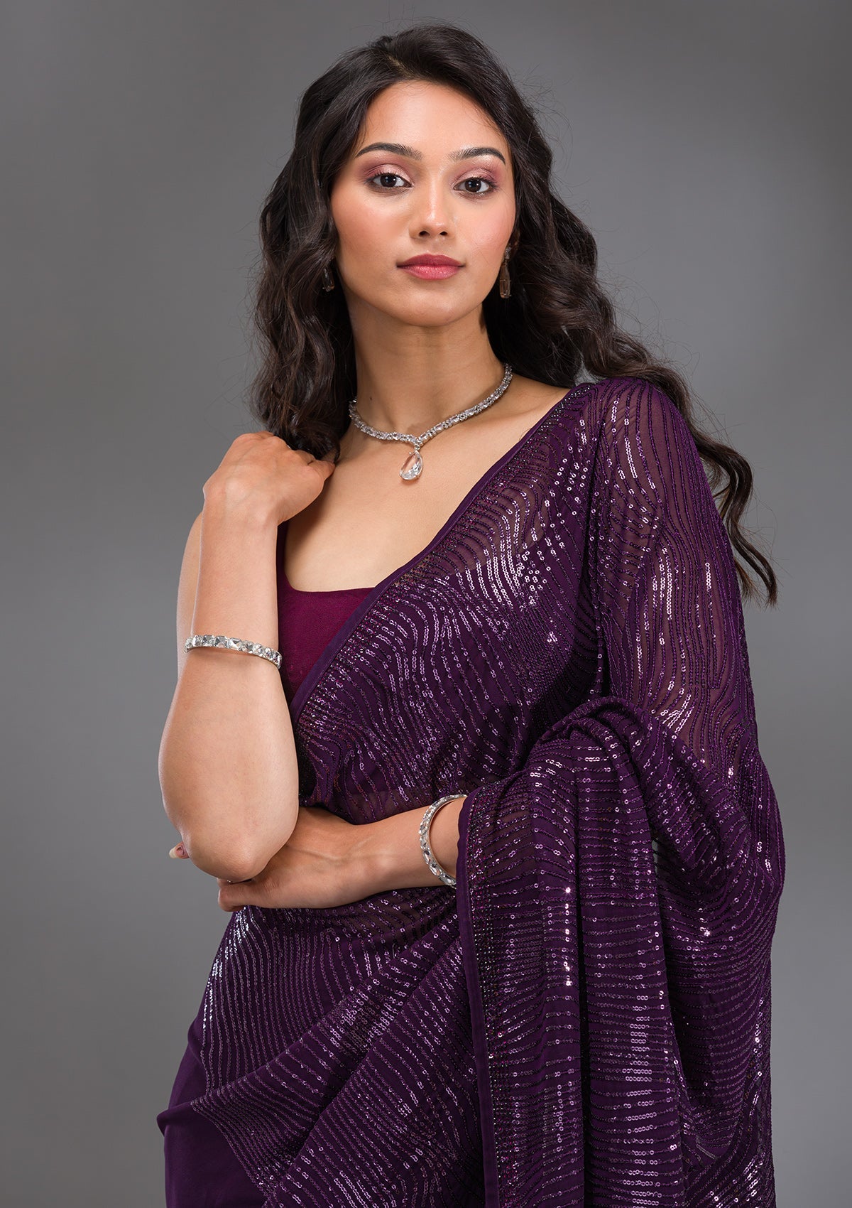 Purple Sequins Georgette Saree-Koskii