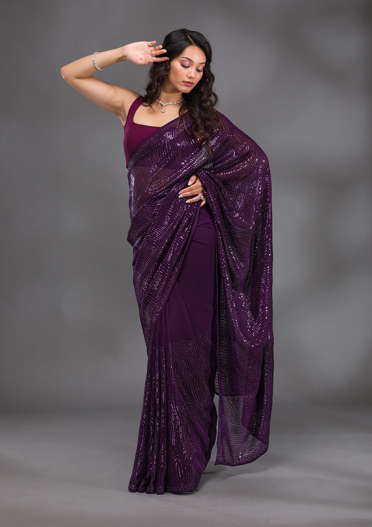 Purple Sequins Georgette Saree-Koskii