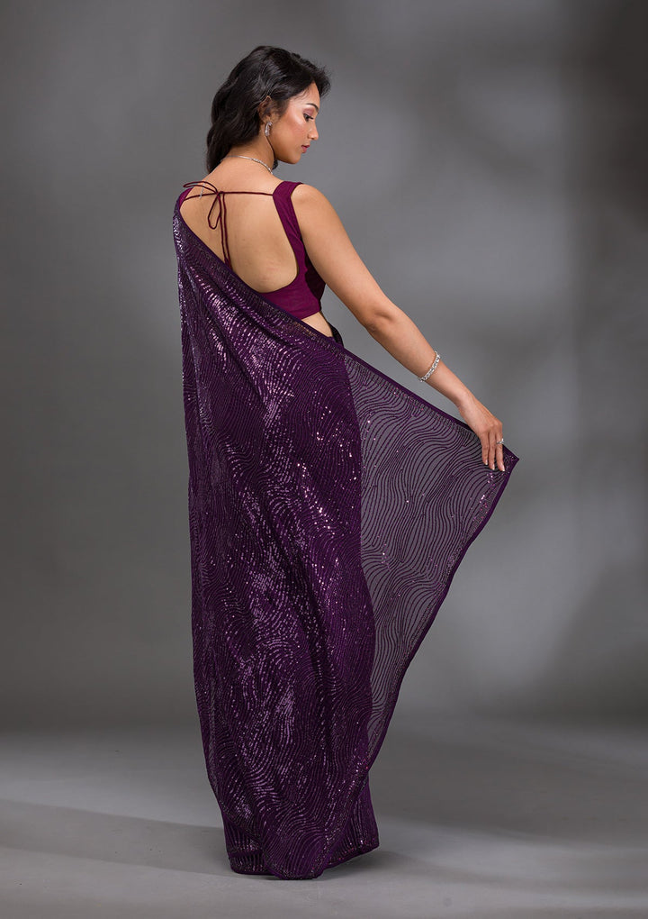 Purple Sequins Georgette Saree-Koskii