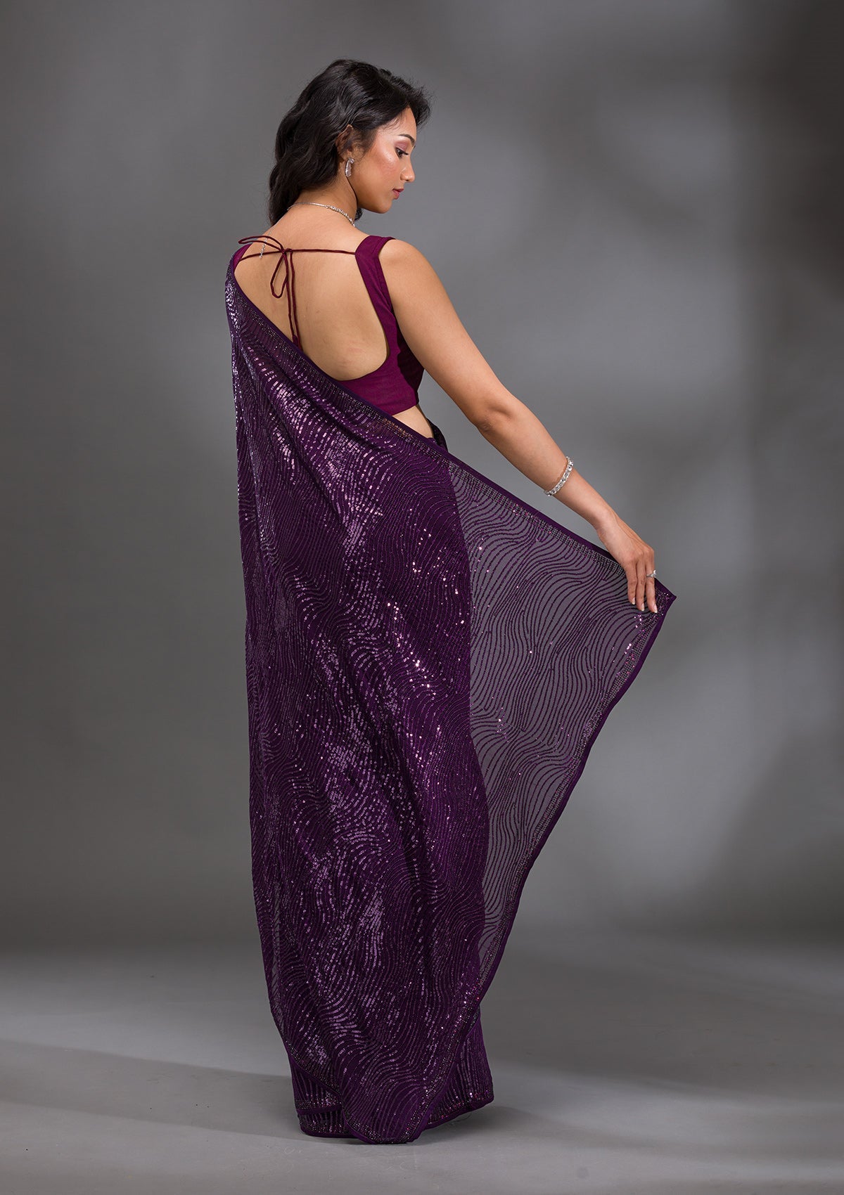 Purple Sequins Georgette Saree-Koskii