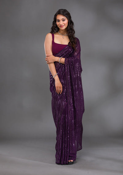 Purple Sequins Georgette Saree-Koskii