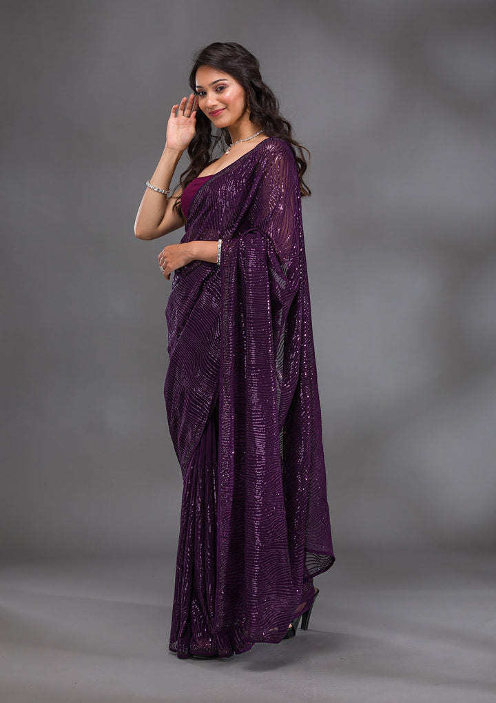 Purple Sequins Georgette Saree-Koskii