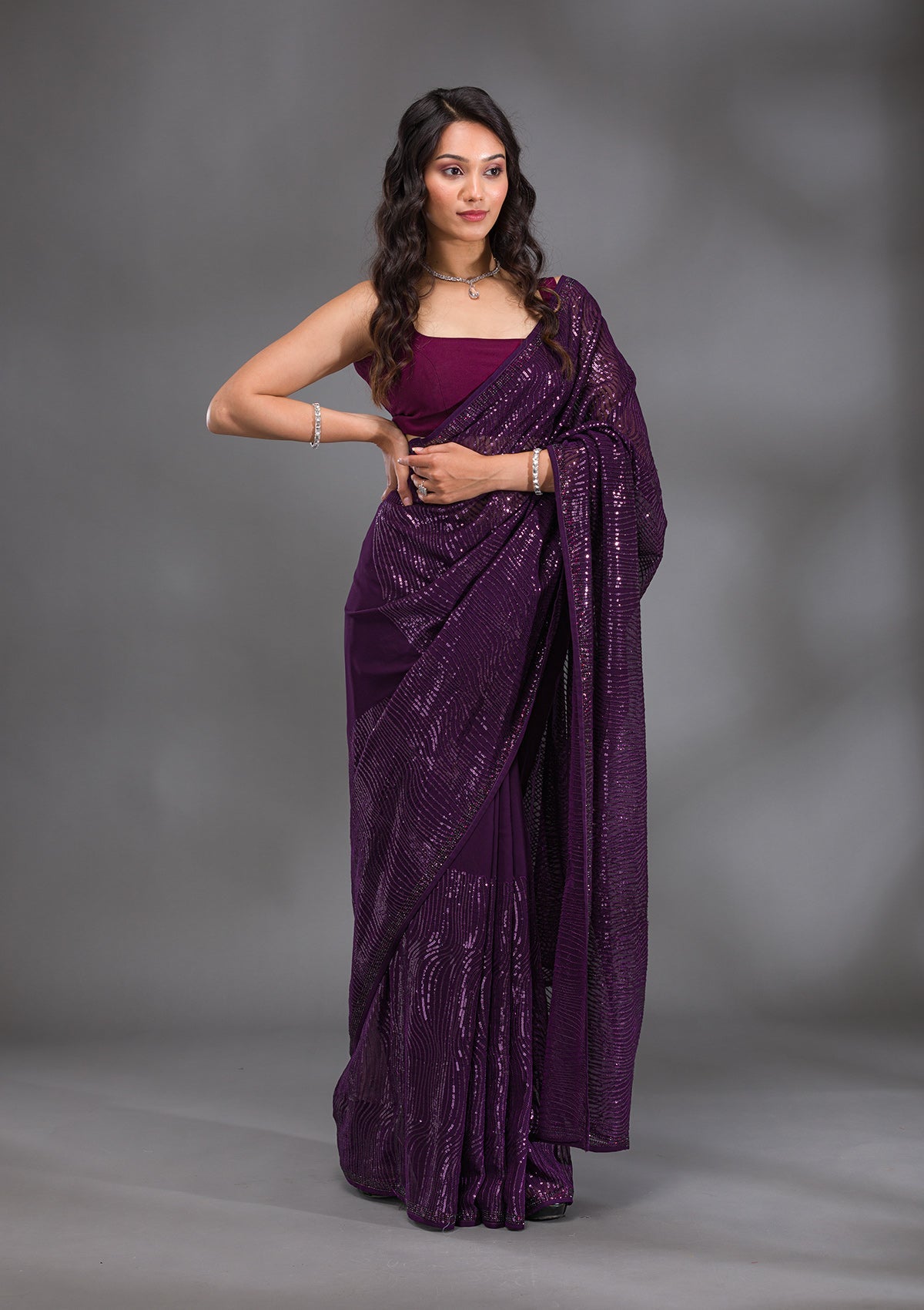 Purple Sequins Georgette Saree-Koskii