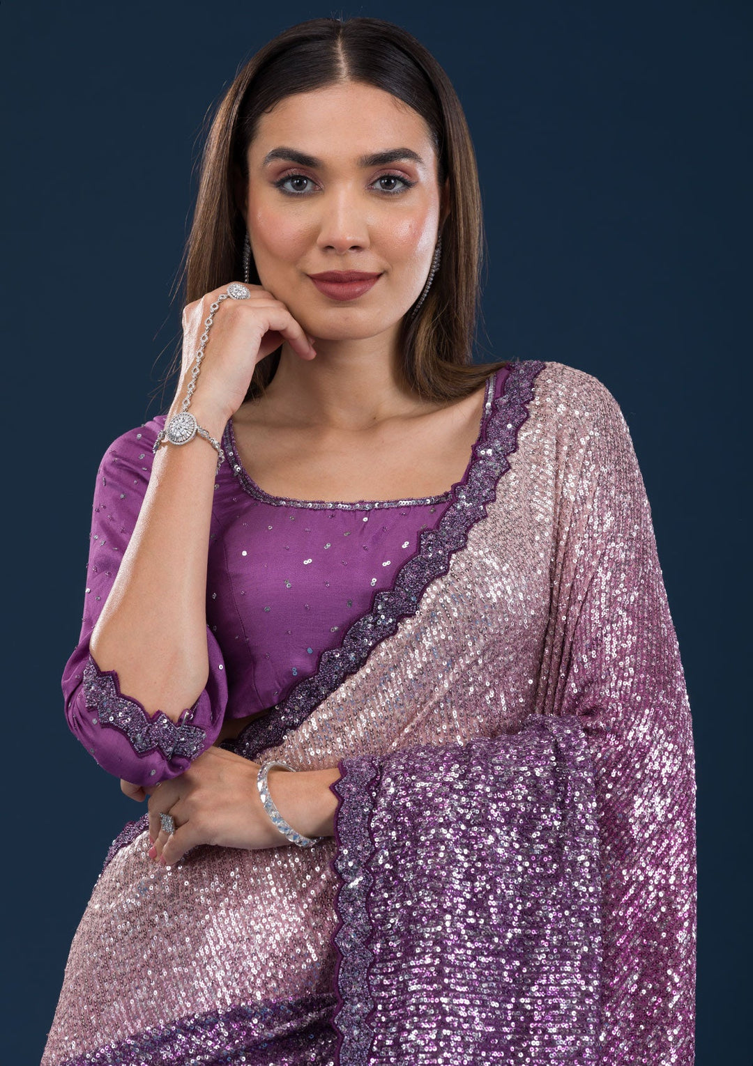 Purple Sequins Georgette Saree-Koskii