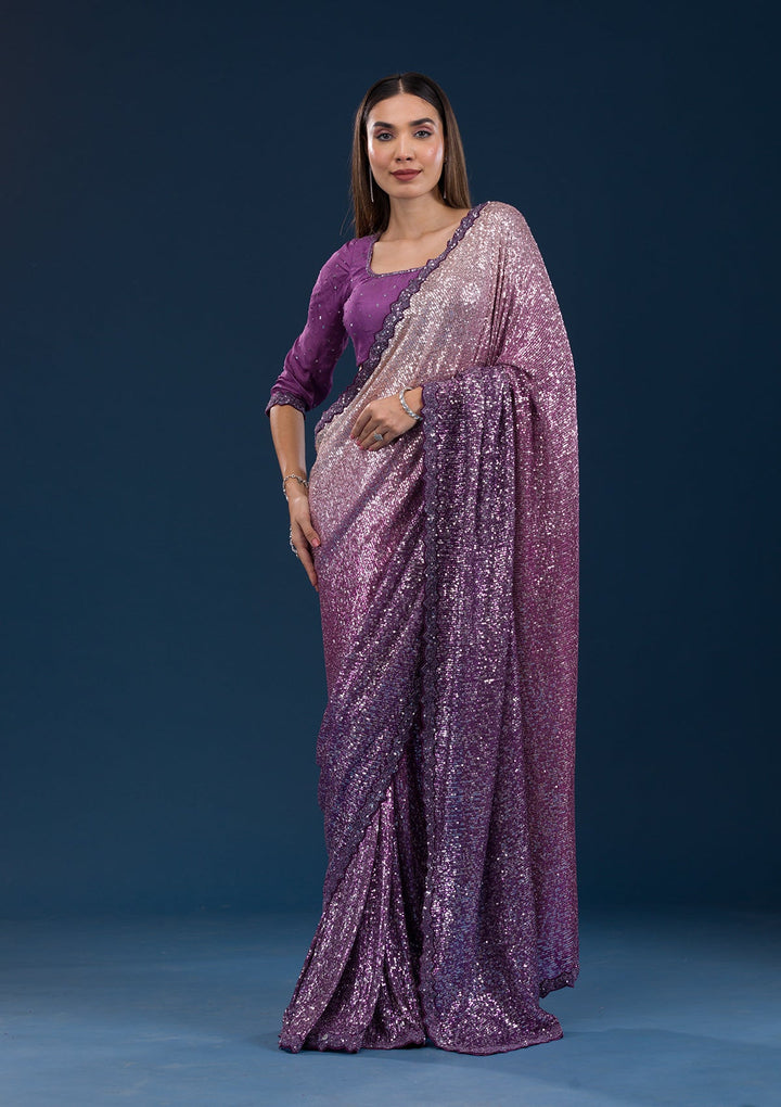 Purple Sequins Georgette Saree-Koskii