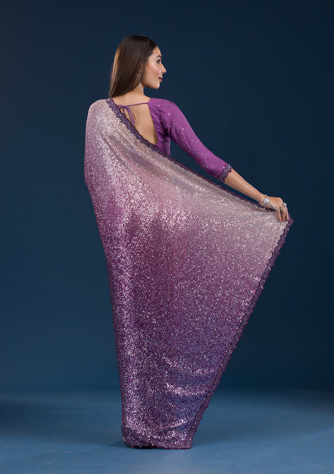 Purple Sequins Georgette Saree-Koskii