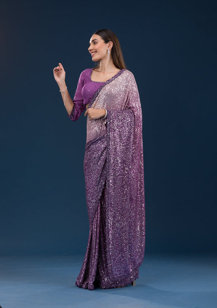 Purple Sequins Georgette Saree-Koskii