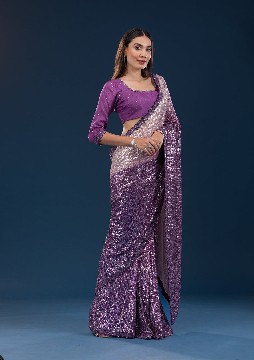 Purple Sequins Georgette Saree-Koskii