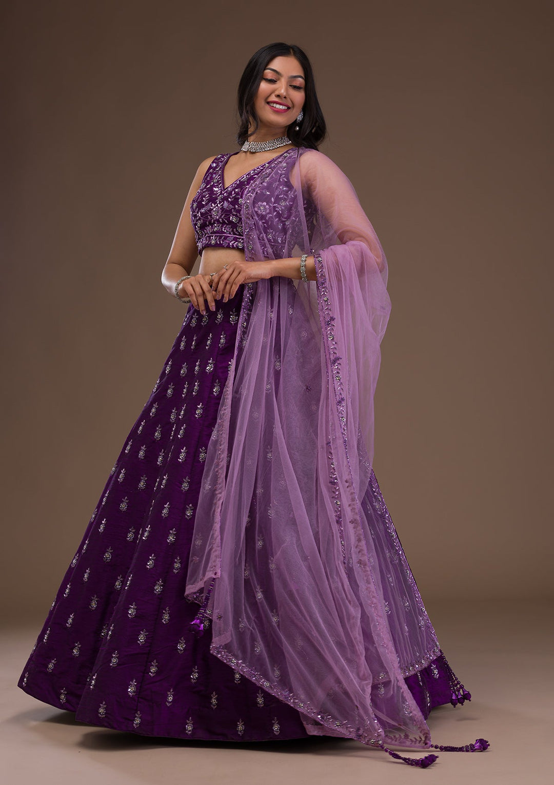 Purple Sequins Raw Silk Readymade Lehenga-Koskii