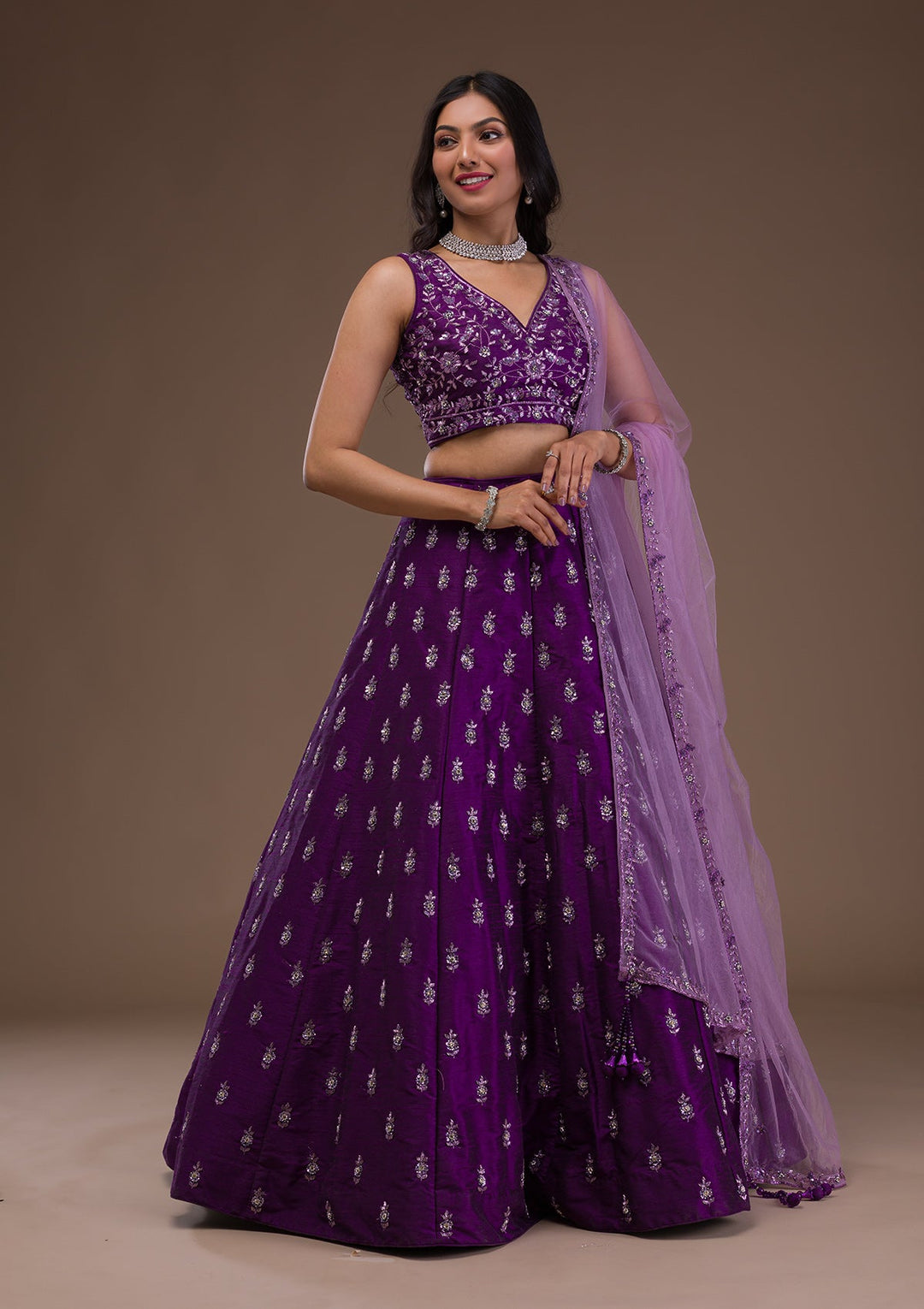 Purple Sequins Raw Silk Readymade Lehenga-Koskii