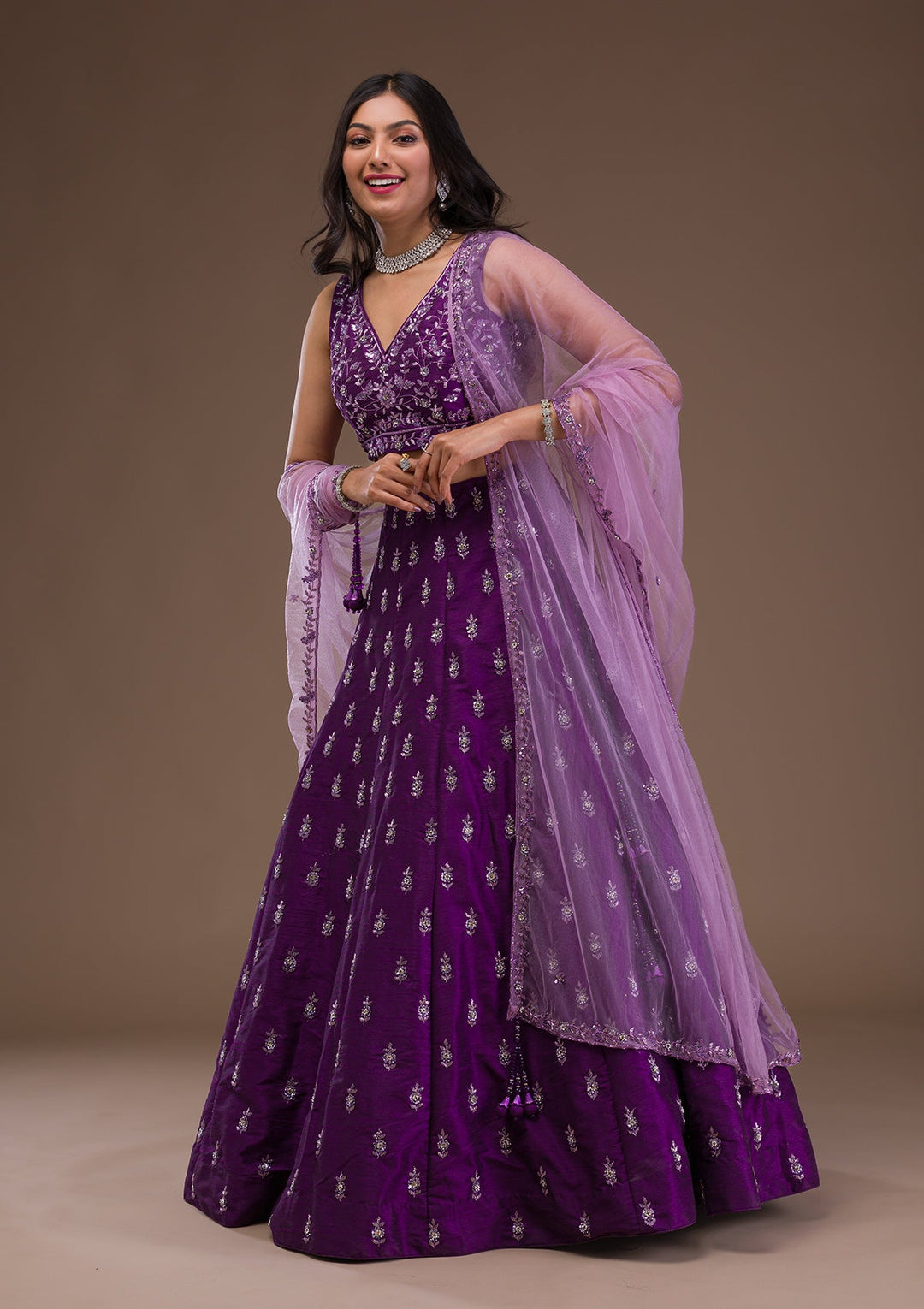 Purple Sequins Raw Silk Readymade Lehenga-Koskii