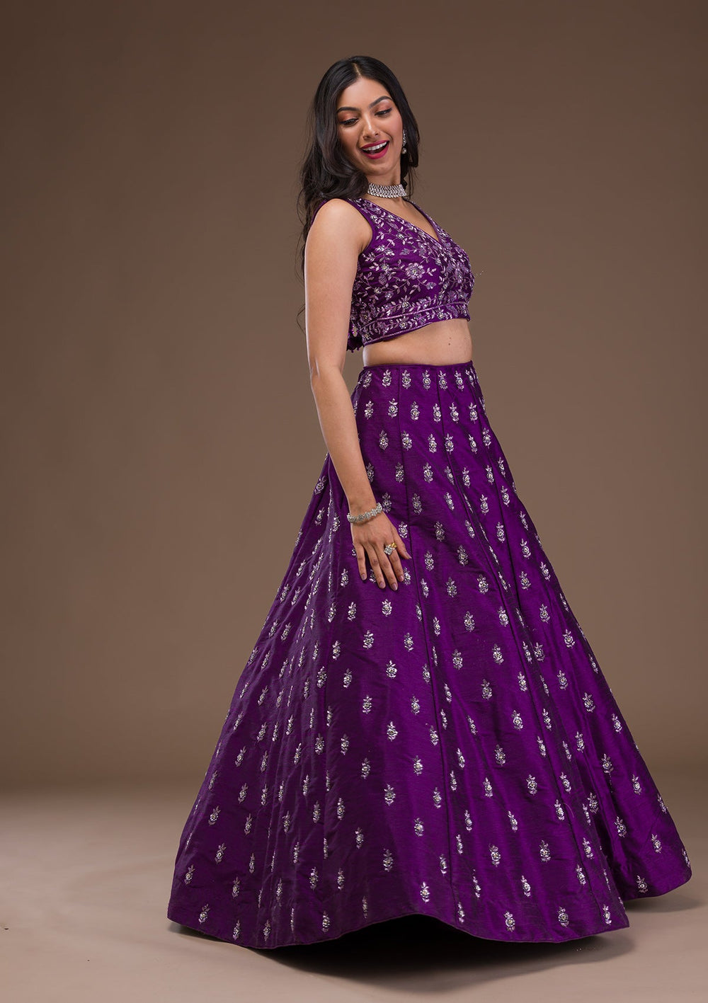 Purple Sequins Raw Silk Readymade Lehenga-Koskii
