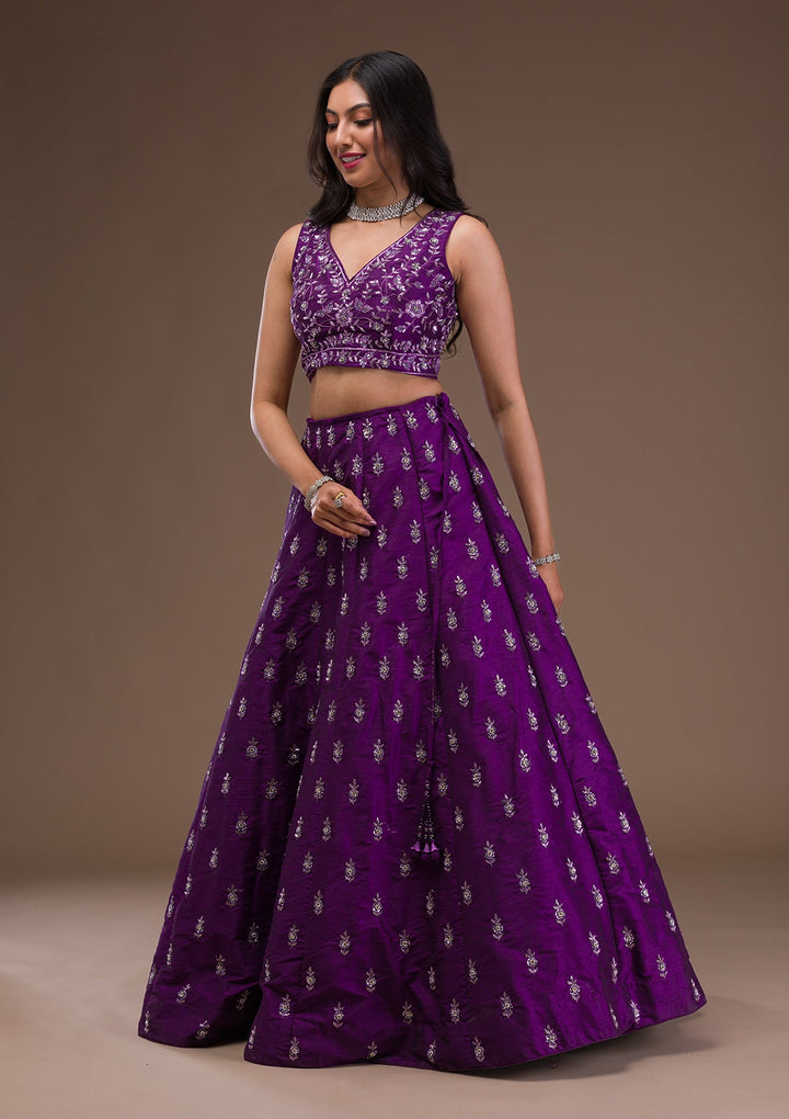 Purple Sequins Raw Silk Readymade Lehenga-Koskii