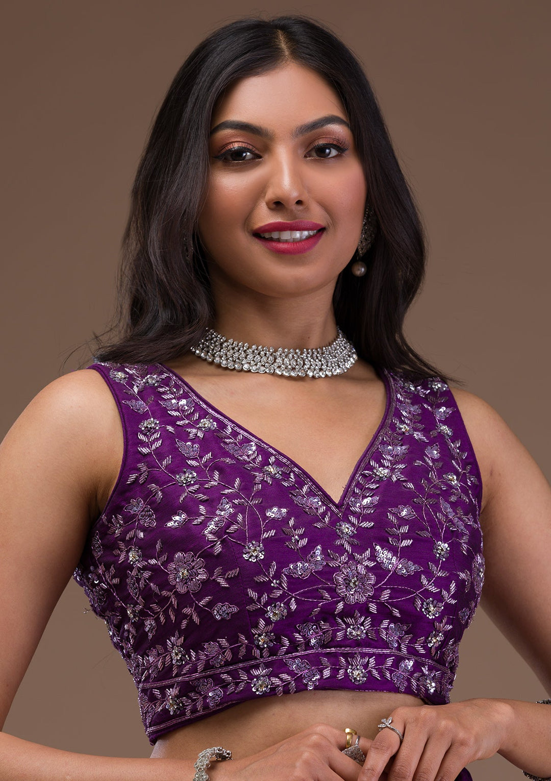 Purple Sequins Raw Silk Readymade Lehenga-Koskii