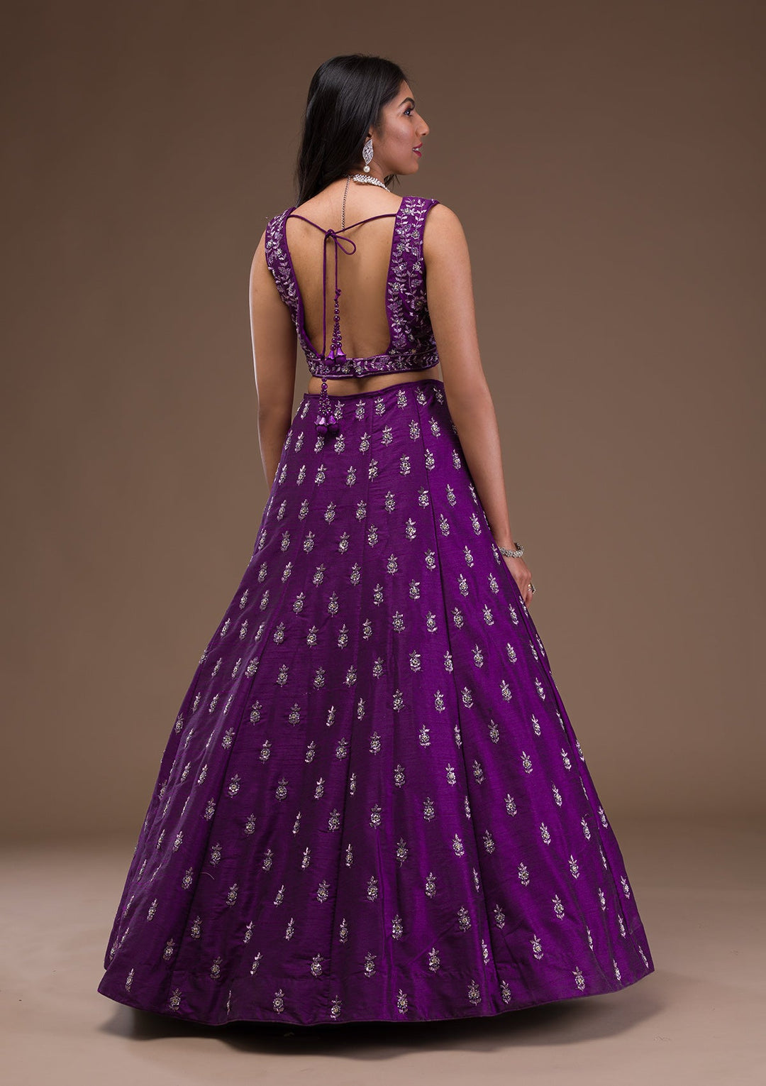 Purple Sequins Raw Silk Readymade Lehenga-Koskii