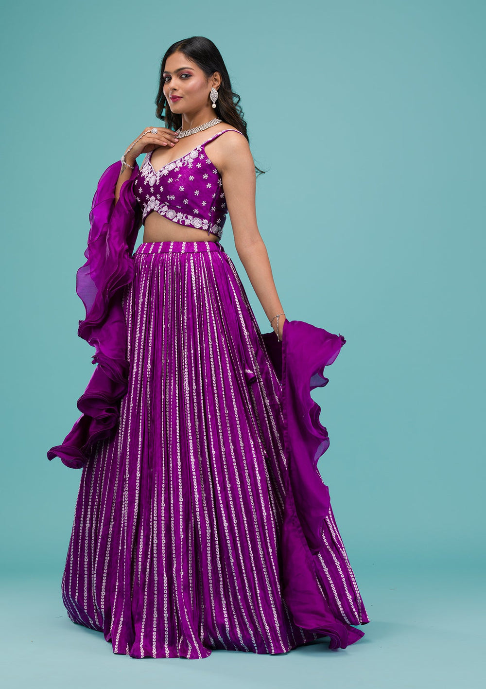 Purple Sequins Satin Readymade Lehenga-Koskii