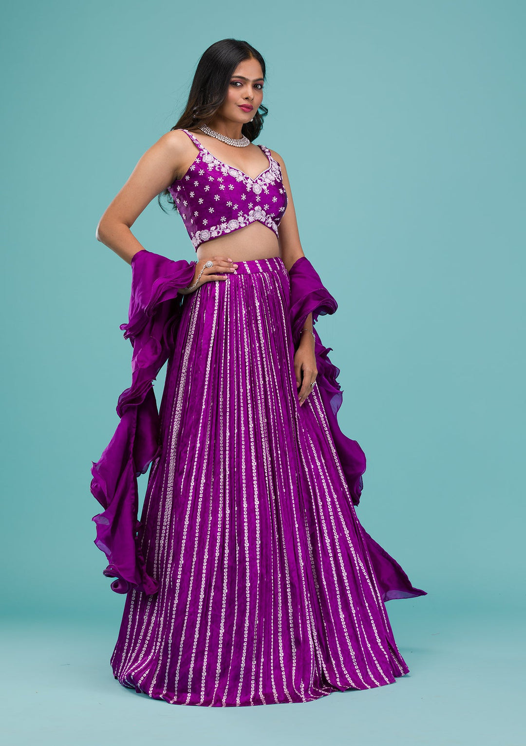 Purple Sequins Satin Readymade Lehenga-Koskii
