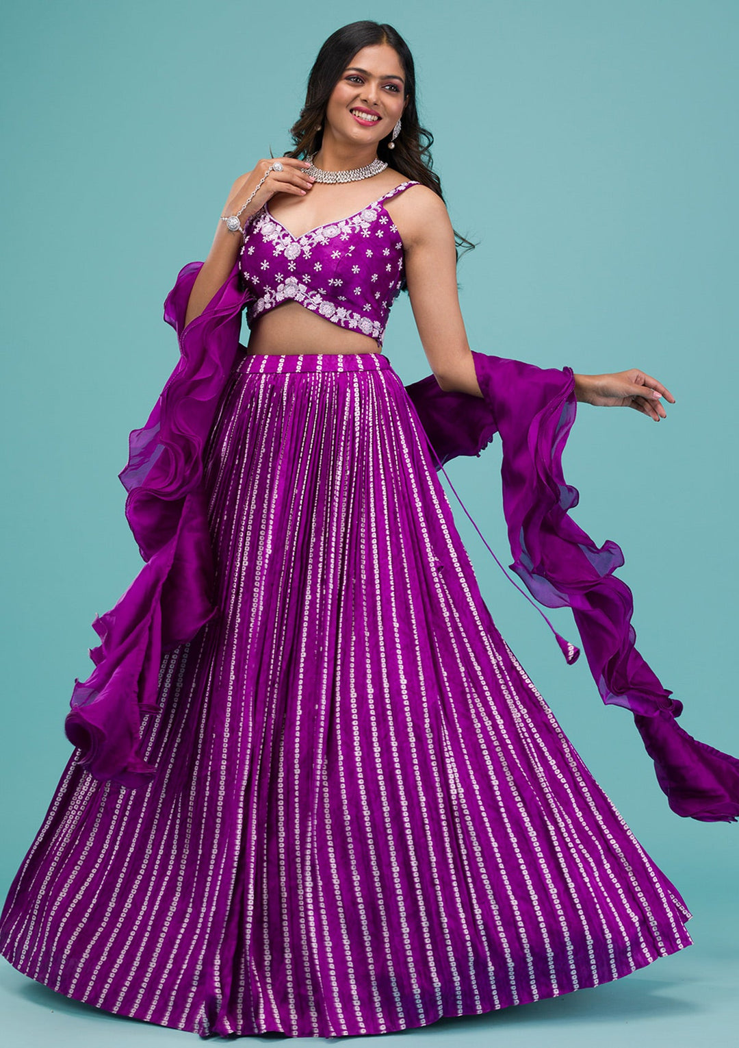 Purple Sequins Satin Readymade Lehenga-Koskii