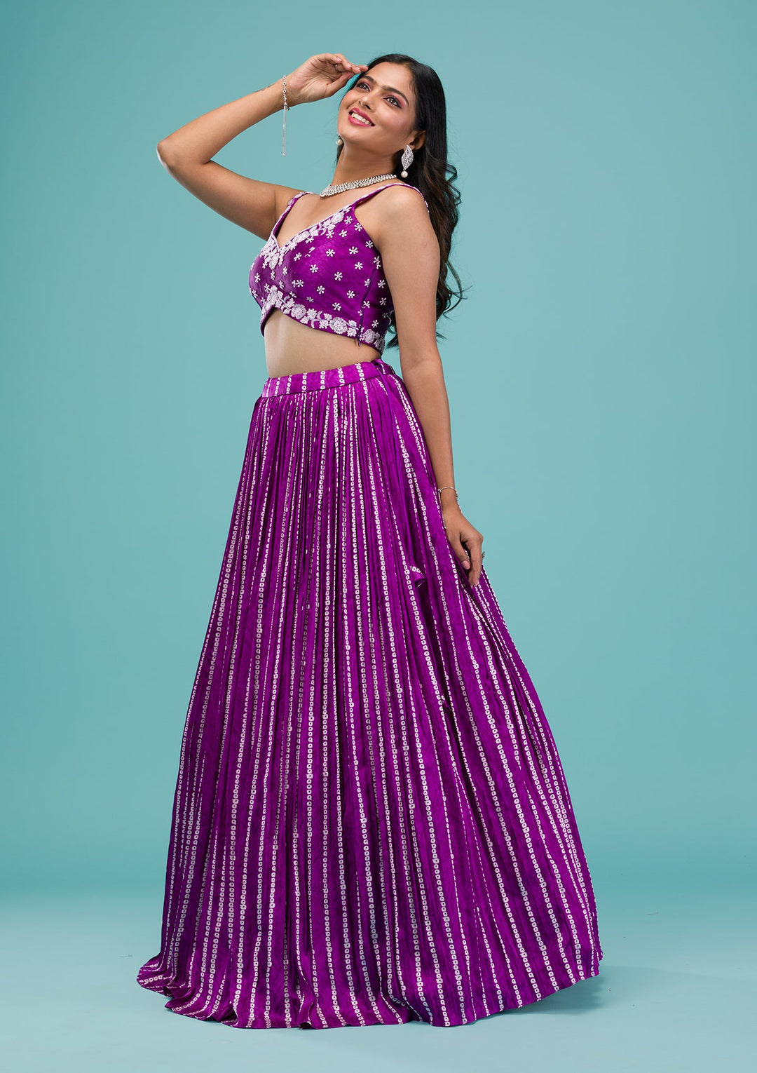 Purple Sequins Satin Readymade Lehenga-Koskii