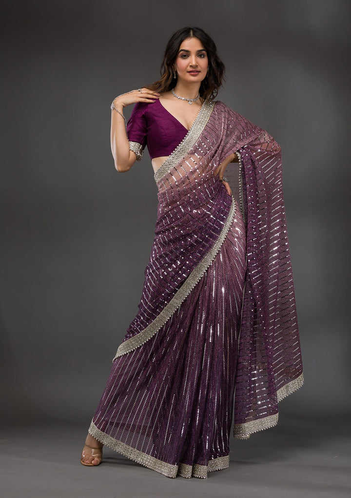 Purple Sequins Shimmer Georgette Saree-Koskii