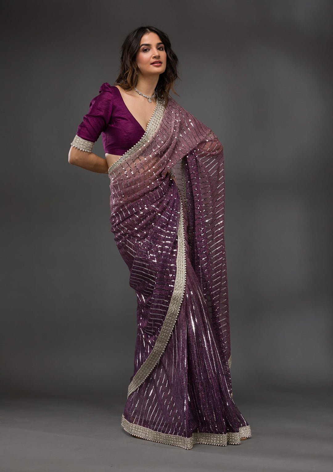 Purple Sequins Shimmer Georgette Saree-Koskii