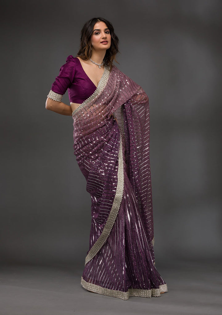 Purple Sequins Shimmer Georgette Saree-Koskii