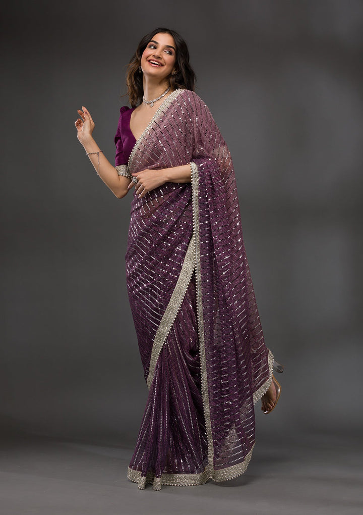 Purple Sequins Shimmer Georgette Saree-Koskii