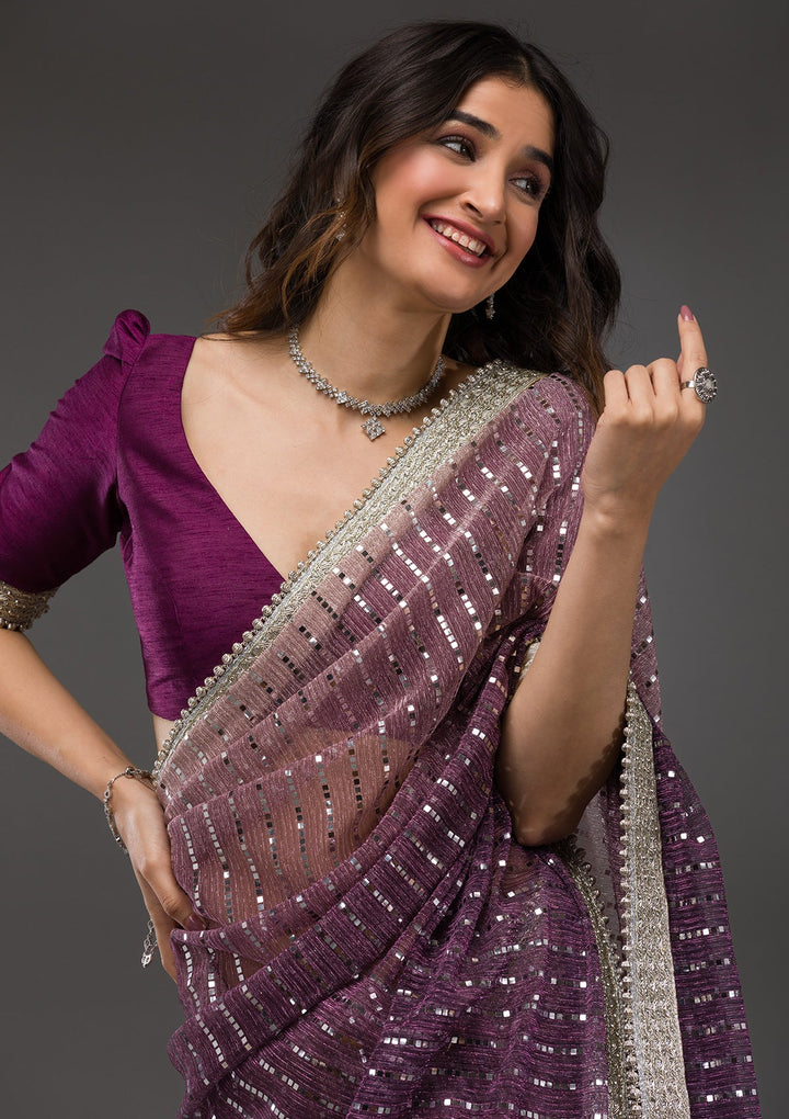 Purple Sequins Shimmer Georgette Saree-Koskii