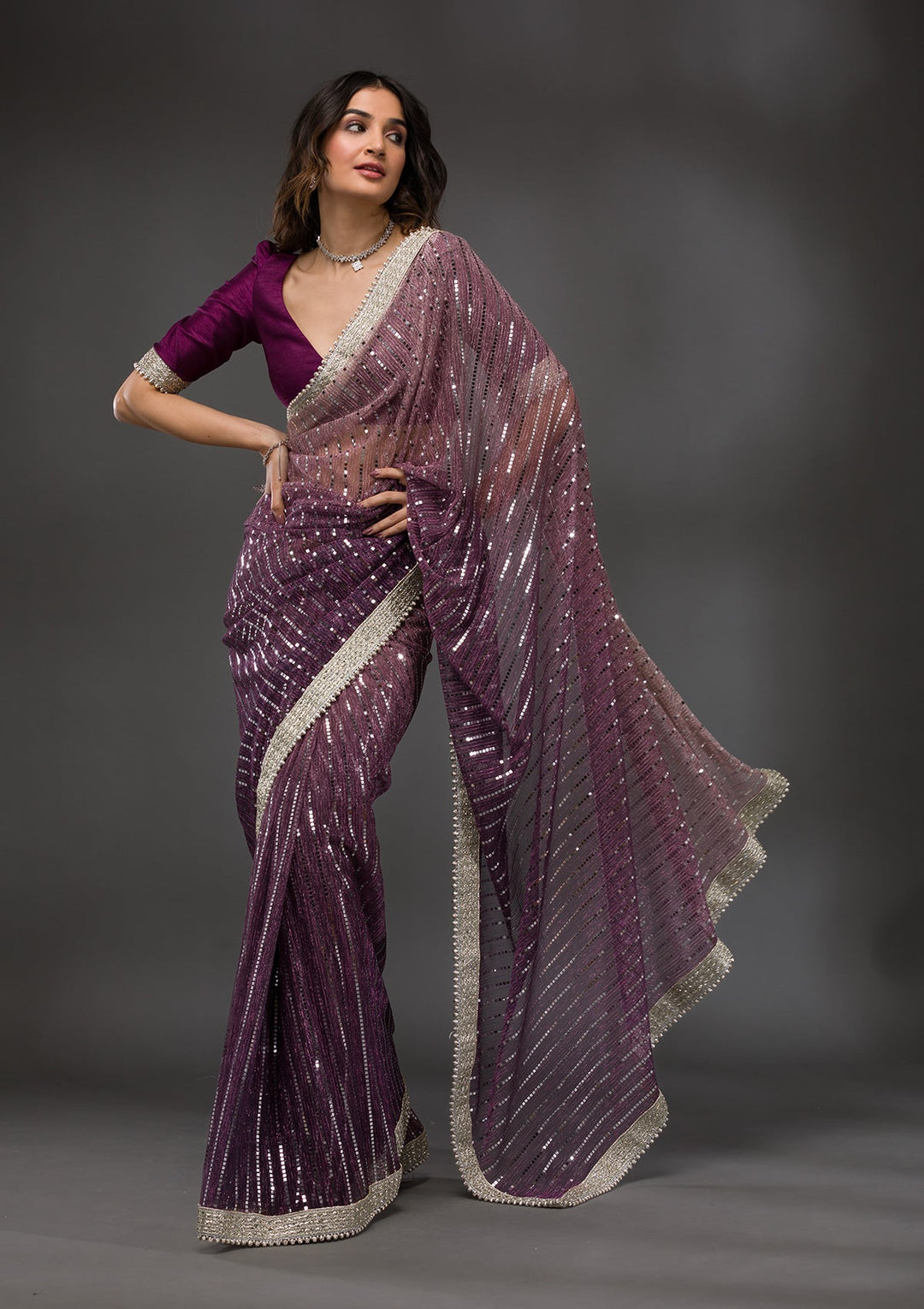 Purple Sequins Shimmer Georgette Saree-Koskii
