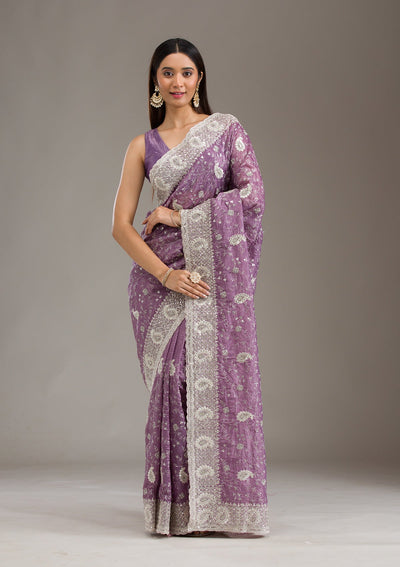 Purple Sequins Tissue Saree-Koskii