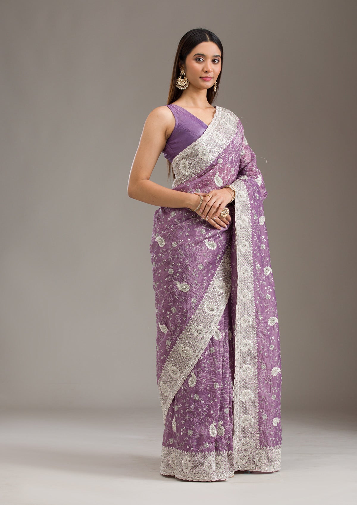 Purple Sequins Tissue Saree-Koskii