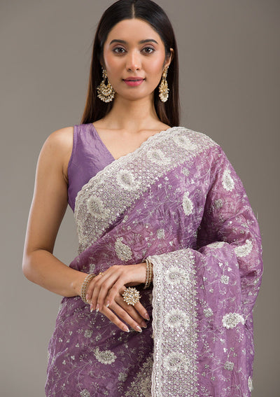 Purple Sequins Tissue Saree-Koskii