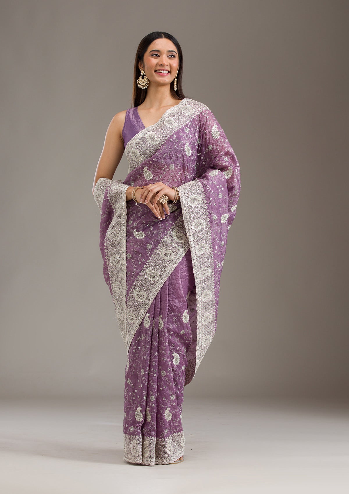 Purple Sequins Tissue Saree-Koskii